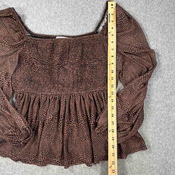 12 Thompson Animal Print Babydoll Blouse Women's Medium Brown Sheer Sleeve Smock - Picture 5 of 9